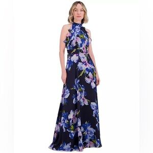 Eliza J Floral Chiffon Ruffled Halter Maxi Dress